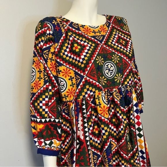 Hand Crafted Quilted Patchwork Printed Dress Bold Bright color One size - Picture 12 of 14